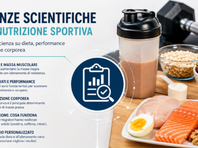 Infografica sulle evidenze scientifiche nella nutrizione sportiva: proteine, carboidrati, composizione corporea e integrazione sportiva basata su studi PubMed