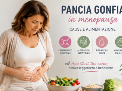 Donna con gonfiore in menopausa, che decide di seguire un’alimentazione equilibrata per ridurre l'addome gonfio